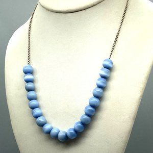 Vintage Sky Blue Beaded Bib Necklace, Silver Tone Chain with Pastel Cats Eye